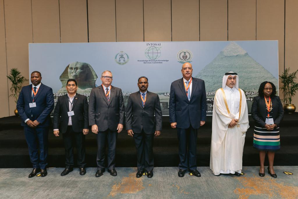 CAG of India, Sh. Girish Chandra Murmu (centre) along with the Heads of delegation from Niger, Philippines, Brazil, Egypt, Qatar and Kenya (left to right) at the 14th KSC SC Meeting held in Cairo, Egypt from 12th to 14th September, 2022