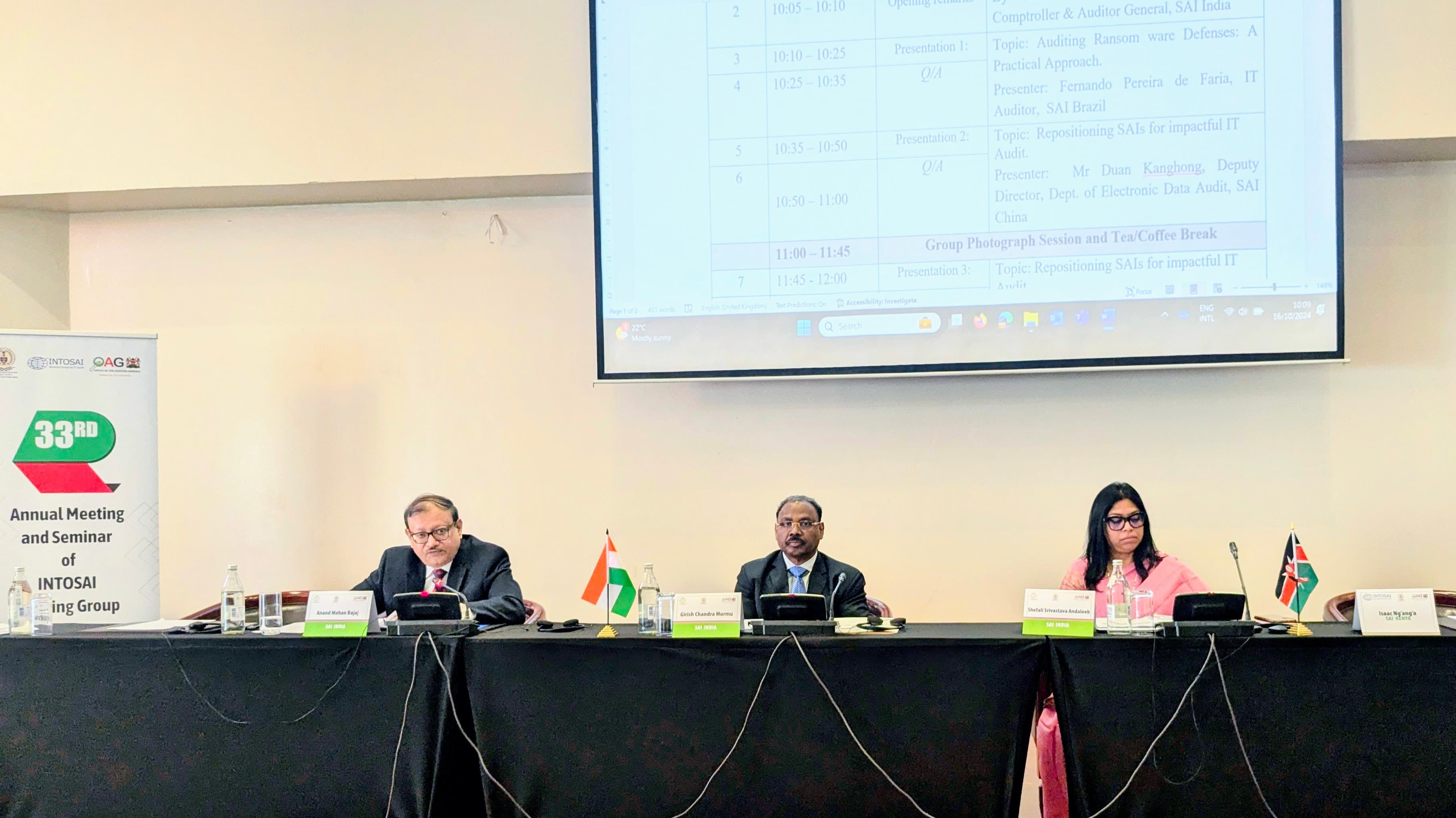 Mr. Girish Chandra Murmu, CAG of India, Mr. A. M. Bajaj, DAI and Ms. Shefali S. Andaleeb, DG (IR) during the 33rd annual meeting of INTOSAI Working Group on IT Audit on 15 October 2024, in Nairobi, Kenya