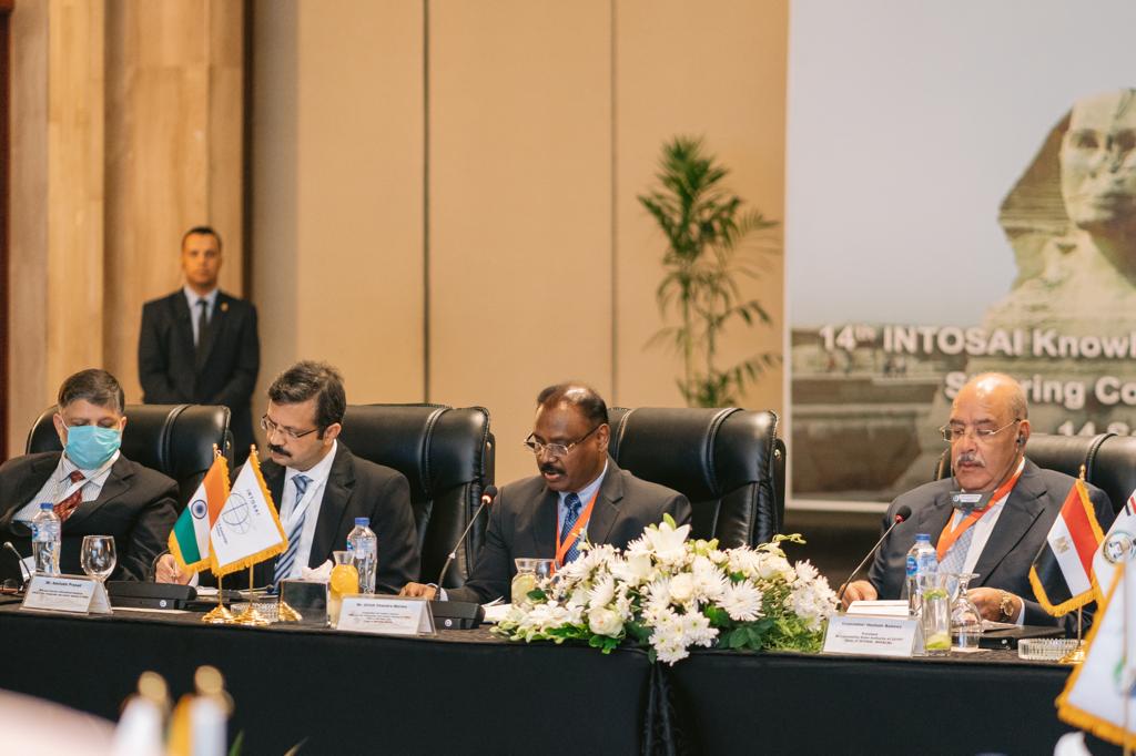 CAG of India, Sh. Girish Chandra Murmu (Chair of INTOSAI Knowledge Sharing Committee) delivering the inaugural address at the 14th KSC SC Meeting held in Cairo, Egypt from 12th to 14th September, 2022. To his right is the President, Accountability State Authority of Egypt, H.E Counsellor Hesham Badawy, the host of the 14th KSC SC Meeting.